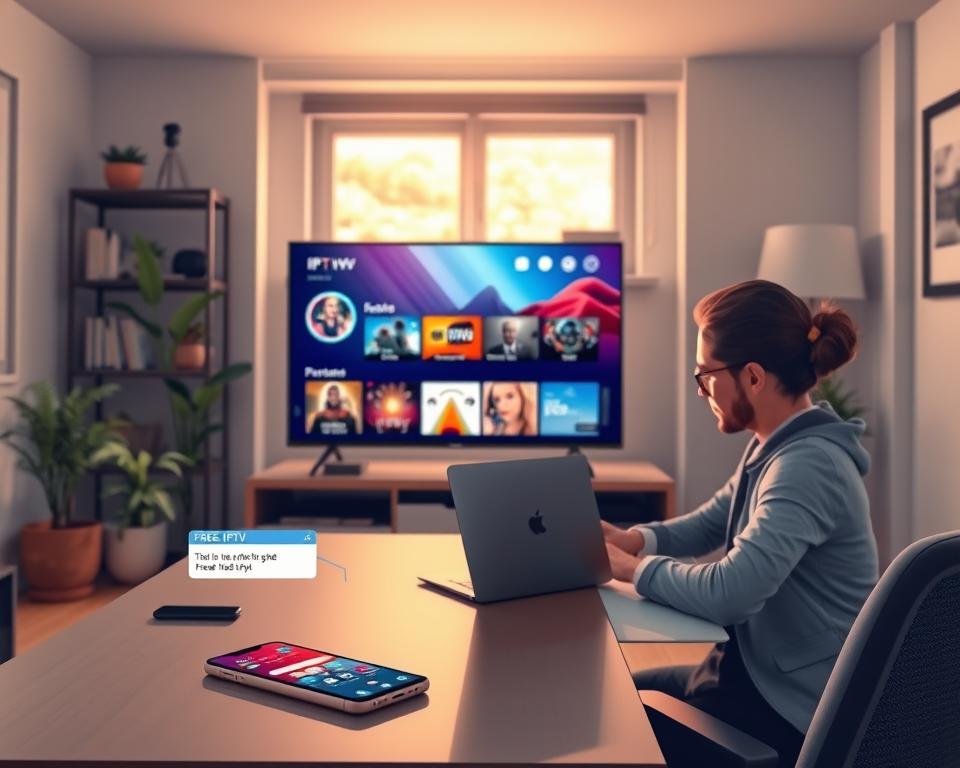A visually striking illustration of a modern home office with a focus on a high-resolution television displaying an IPTV interface. In the foreground, a professional-looking person, dressed in smart casual attire, is sitting at a desk, engaging with a laptop, while a smartphone rests nearby, showing a notification for a free IPTV trial. The middle ground features the vibrant TV screen lit up with colorful streaming options, showcasing various channels. In the background, subtle decorative elements like plants and bookshelves create a warm, inviting atmosphere. Soft, natural light filters in through a window, enhancing the cozy yet professional mood. The scene captures the essence of technology and entertainment in a contemporary workspace.