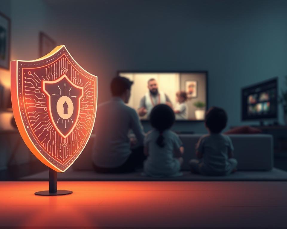 A visually striking illustration representing the theme of "Child Safety and Protection in Streaming." In the foreground, a shield symbolizing protection, crafted from digital circuitry patterns and glowing softly, stands center stage. In the middle ground, a serene living room scene depicts a family watching TV together; the parents are attentively guiding their children in selecting appropriate content, while the children are engaged with the screen. Surrounding them, a soft, ambient light casts a warm glow, enhancing the feelings of safety and togetherness. In the background, silhouettes of digital devices, such as a smart TV and tablet, subtly suggest streaming technology, set against a blurred, cozy home environment. The overall mood conveys safety, vigilance, and familial closeness, with a focus on responsible media consumption.