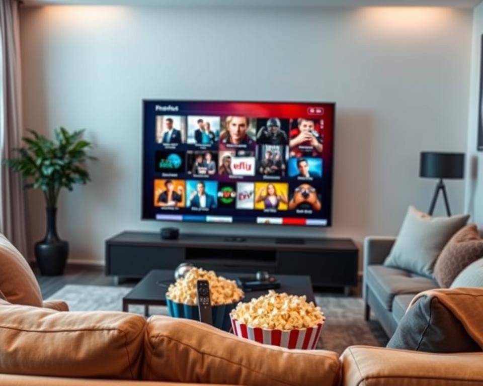 A visually striking image representing the advantages of "France IPTV Pro," showcasing a modern living room setting. In the foreground, a sleek, large-screen TV displays a vivid interface of streaming options, featuring vibrant thumbnails of popular shows and movies. Surrounding the TV, a comfortable couch, adorned with plush cushions, invites viewers to relax. In the middle ground, a stylish coffee table holds a remote control and a bowl of popcorn, emphasizing leisure and entertainment. The background consists of soft, ambient lighting, creating a warm, cozy atmosphere that suggests comfort and enjoyment. Natural light filters through a window, enhancing the inviting mood. The overall composition exudes a sense of premium quality and excellence in streaming services, illustrating the exceptional benefits of France IPTV Pro.