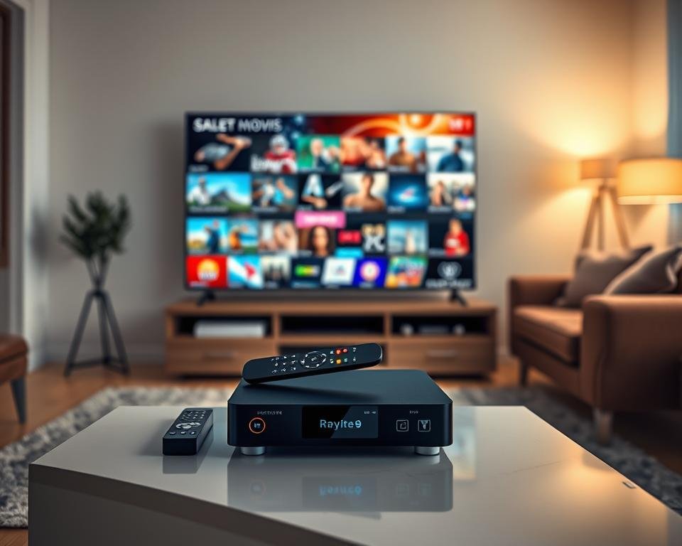 A visually striking image showcasing the concept of a "12-Month IPTV Premium Subscription." In the foreground, a sleek and modern IPTV set-top box rests on a stylish entertainment console, surrounded by a remote control and a few popular streaming device logos. The middle layer features a vibrant, colorful display screen showing a collage of various television channels and genres – sports, movies, and documentaries – all blending together. In the background, a cozy living room setup includes a plush sofa and soft ambient lighting, creating a warm atmosphere. The scene is illuminated with soft, inviting light, emphasizing the comfort of enjoying premium content at home, conveying a mood of relaxation and entertainment.