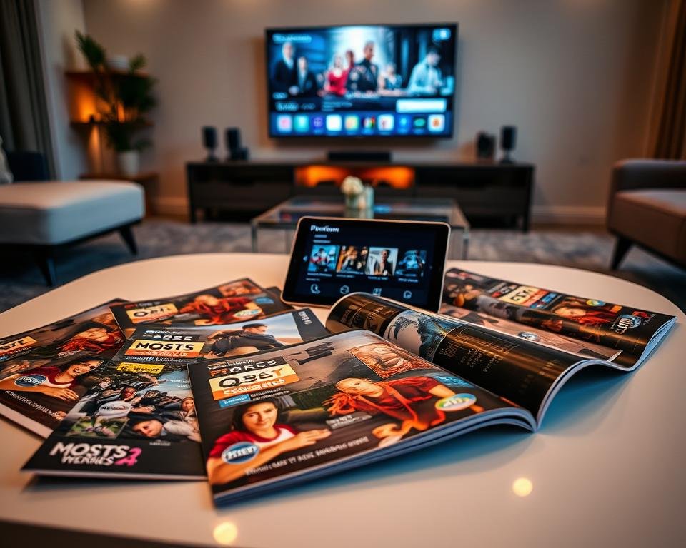 A visually striking layout showcasing a premium television channel catalog spread out on a sleek, modern coffee table. In the foreground, glossy magazine covers featuring various television shows and movies are prominently displayed, highlighting vibrant graphics and logos of popular networks. The middle ground features a stylish tablet showing an interactive interface with categories like "Movies," "Sports," and "Series," illuminated by soft light. The background includes a cozy living room setting with a large flat-screen TV mounted on the wall, illuminated by warm ambient lighting. The mood is inviting and luxurious, ideal for entertainment enthusiasts. Capture this from a slightly elevated angle to emphasize depth and richness in the colors, creating an atmosphere of comfort and premium service.