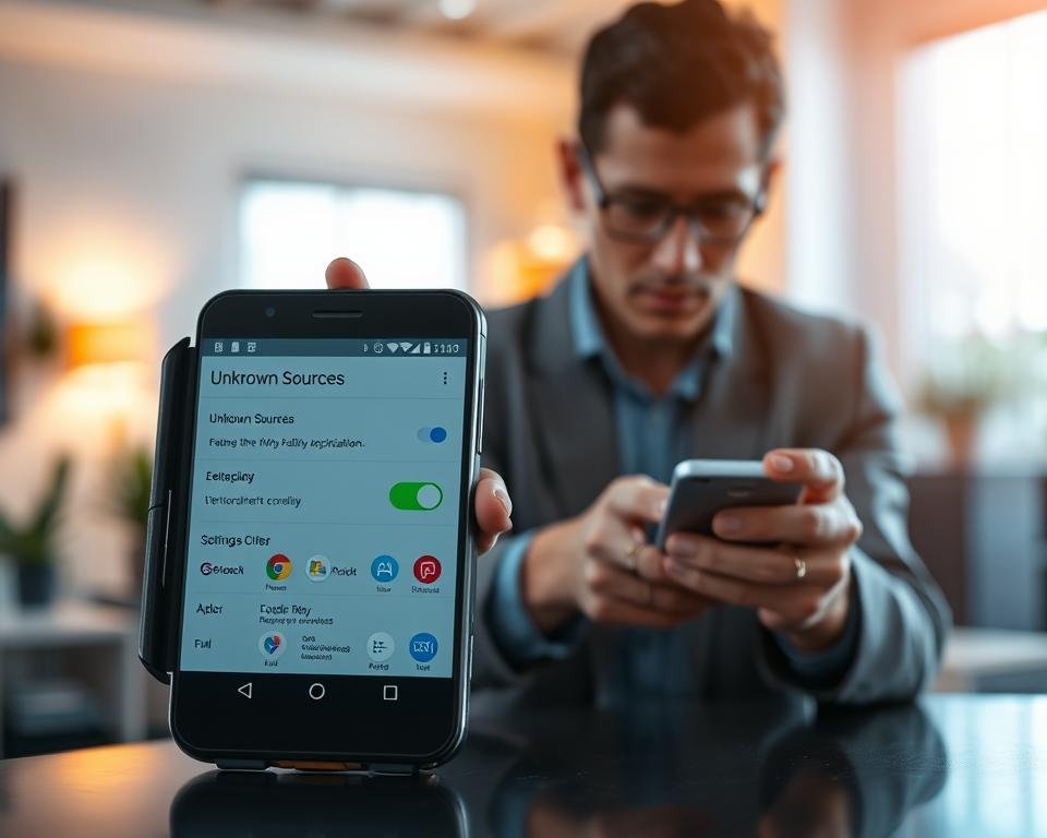A visually striking representation of "activation sources inconnues" for an article section on Android settings. In the foreground, an elegant smartphone screen displaying the "Unknown Sources" settings interface, showcasing a toggle switch illuminated in a vibrant green, surrounded by an array of app icons that hint at third-party applications. In the middle ground, a person in professional attire interacts with the device, their expression focused and intent, perhaps adjusting the settings. The background features a soft-focus modern home office, with subtle lighting casting warm hues, enhancing a comfortable yet tech-savvy atmosphere. The overall mood conveys a sense of discovery and empowerment in technology use.