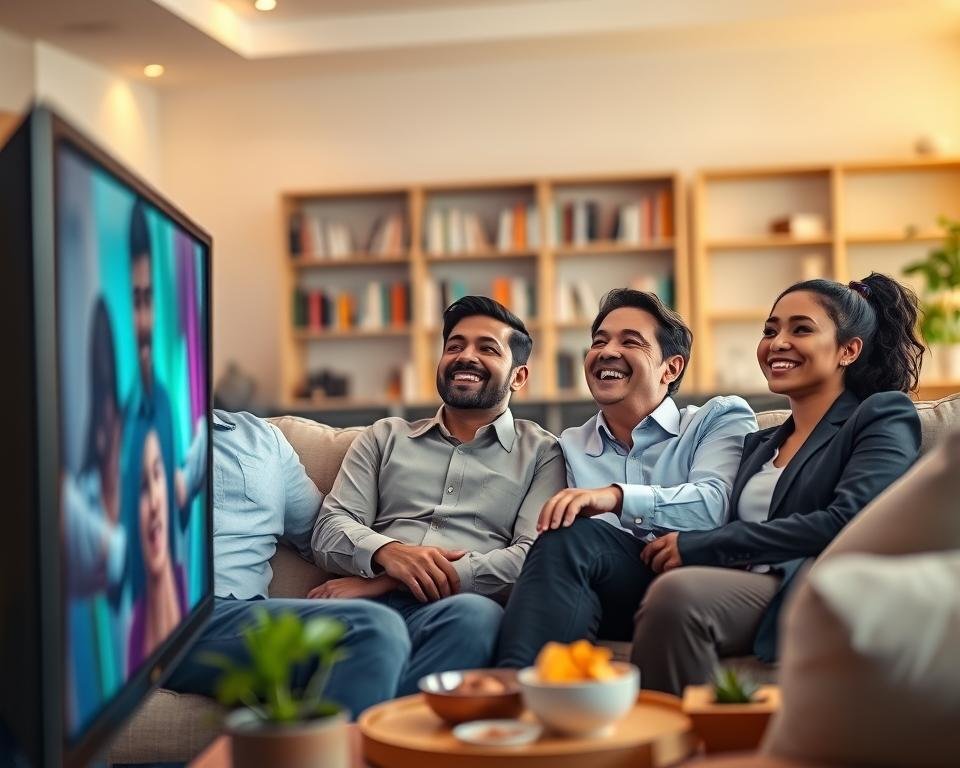 A warm, inviting scene depicting satisfied clients enjoying an IPTV experience at home. In the foreground, a diverse group of three individuals, two males and one female, are seated comfortably on a modern couch, each dressed in professional business attire. They are smiling, leaning slightly forward, eagerly watching a large screen displaying vibrant, colorful content. In the middle ground, a sleek, well-lit living room features contemporary decor—soft pillows, a coffee table with snacks, and subtle houseplants. The background shows a soft-focus bookshelf filled with books, conveying a sense of comfort and relaxation. The lighting is soft and warm, creating a cozy atmosphere that reflects satisfaction and enjoyment. The camera angle is slightly elevated, capturing the expressions of joy and engagement on the clients' faces.