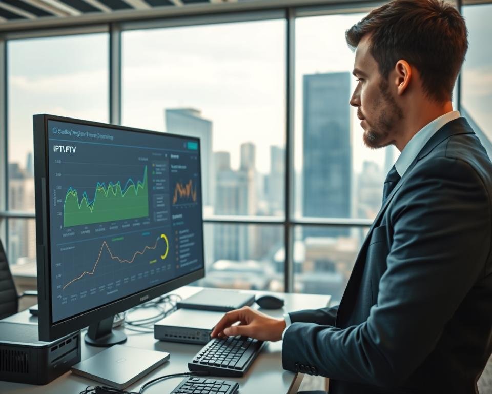 A well-lit, modern office setting featuring a professional technician analyzing IPTV performance. In the foreground, a sleek computer monitor displays graphs and metrics indicating quality and performance data, with clear visuals of high-resolution streaming. The technician, dressed in smart business attire, is intently examining the data with a focused expression. In the middle ground, a tidy desk holds technical equipment such as routers and cables, symbolizing the technology behind IPTV. The background reveals a large window with a view of a city skyline, conveying a sense of professionalism and innovation. The overall atmosphere is one of concentration and precision, with soft, natural light illuminating the scene, creating an inviting yet serious mood.