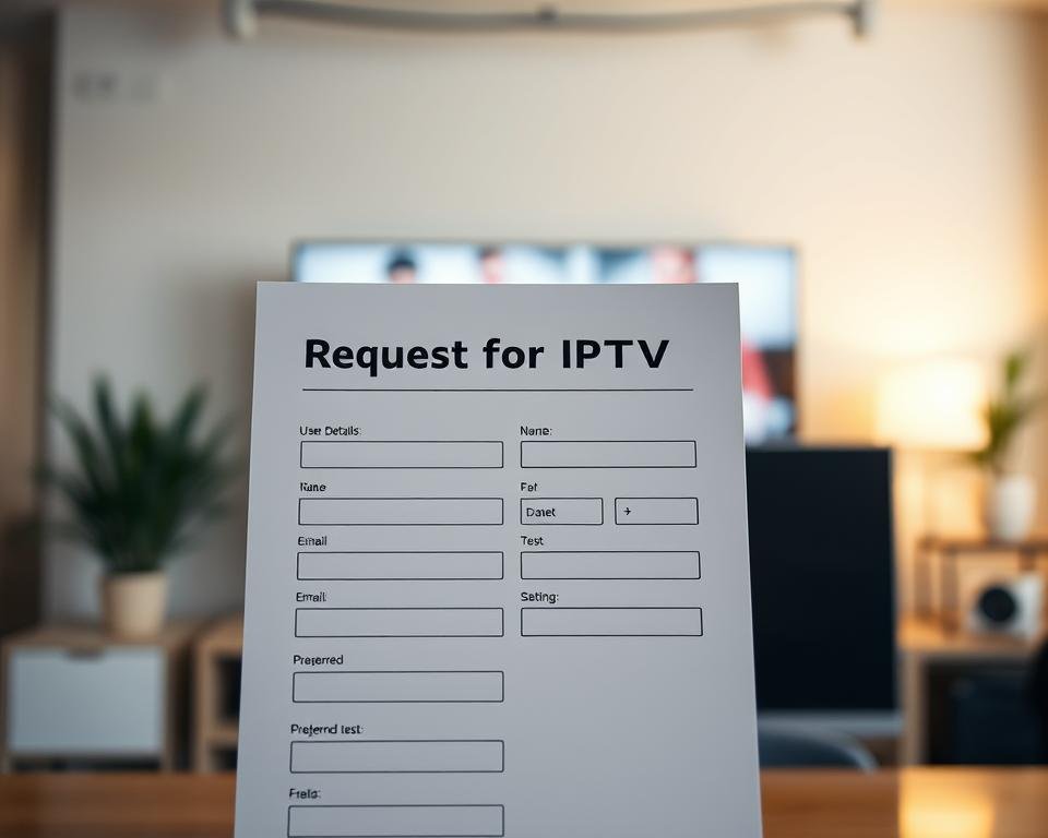 A well-organized, visually engaging form titled "Request for IPTV Test" is prominently displayed in the foreground. The form features clean lines and sections for user details, clearly labeled fields such as name, email, and preferred test date. The background includes subtle elements suggesting a digital media environment, like faint outlines of streaming icons or a blurred television screen. The lighting is bright and inviting, resembling a modern office space, creating a professional atmosphere. A slight depth of field effect gives focus to the form while softening the background. The overall mood is informative and practical, emphasizing clarity and ease of use in obtaining an IPTV test. No additional text or logos should be present.