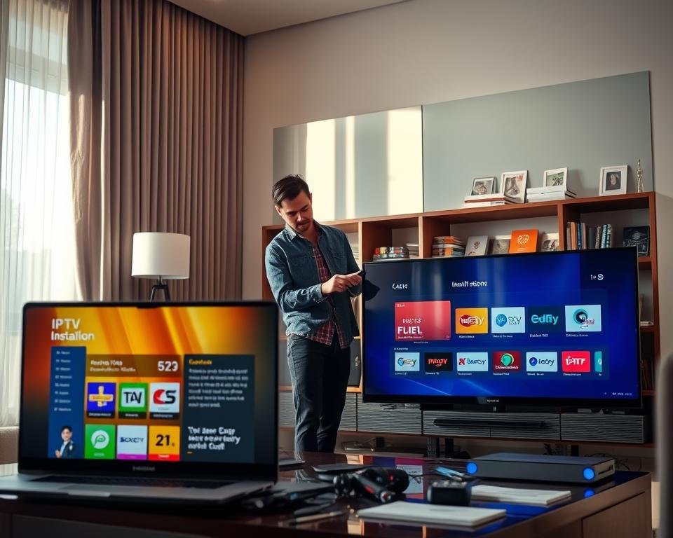 An elegant living room setting depicting the installation and activation process of an IPTV service. In the foreground, a modern television displays a vibrant interface showcasing various channels. A laptop beside it shows a user-friendly installation guide. In the middle, a focused individual in modest casual clothing is setting up the IPTV box, with tools scattered around for a professional touch. In the background, a stylish bookshelf filled with technology manuals and magazines reflects a contemporary and tech-savvy atmosphere. Soft, natural light streams through a window, creating a warm and inviting mood, while the angle captures both the television and the user’s engagement in the process.