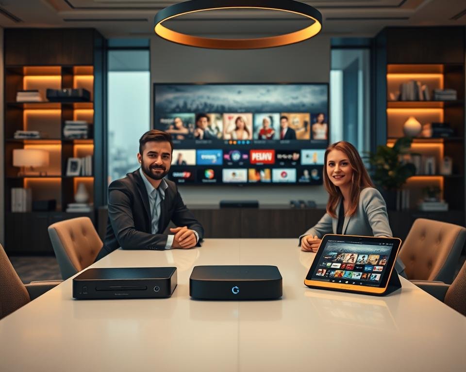 An elegant office environment showcasing the advantages of long-term IPTV subscriptions. In the foreground, a professional-looking man and woman, both dressed in business attire, are seated at a conference table with a modern IPTV device and a digital tablet displaying streaming content. The middle ground features a large screen showing diverse entertainment options, symbolizing various channels and programming. Soft, warm lighting illuminates the space, creating a welcoming atmosphere. The background includes a stylish bookshelf filled with media-related materials and a window view of a cityscape, hinting at connectivity and progress. The mood is informative and professional, inviting viewers to appreciate the benefits of long-term IPTV services. An elegant office environment showcasing the advantages of long-term IPTV subscriptions. In the foreground, a professional-looking man and woman, both dressed in business attire, are seated at a conference table with a modern IPTV device and a digital tablet displaying streaming content. The middle ground features a large screen showing diverse entertainment options, symbolizing various channels and programming. Soft, warm lighting illuminates the space, creating a welcoming atmosphere. The background includes a stylish bookshelf filled with media-related materials and a window view of a cityscape, hinting at connectivity and progress. The mood is informative and professional, inviting viewers to appreciate the benefits of long-term IPTV services.