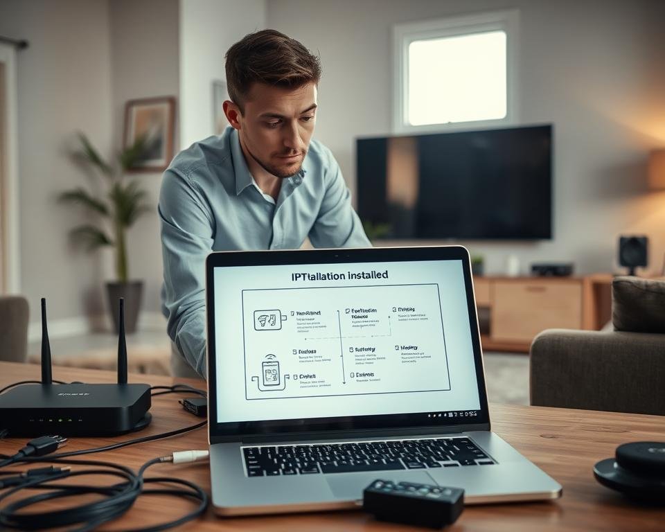 An organized workspace showcasing a step-by-step IPTV installation process. In the foreground, a laptop displays an installation guide on the screen, surrounded by relevant tools like a network router, cables, and a remote control. In the middle, a professional person in smart casual attire attentively examines the laptop, with focused expression, embodying the atmosphere of concentration and clarity. The background features a well-lit modern living room with a large TV mounted on the wall. Soft natural light enters through a window, creating a warm, inviting ambiance, while a smart home device sits on a nearby shelf. Capture this scene with a slight top-down angle to emphasize the installation steps on the laptop, creating a seamless, educational mood.